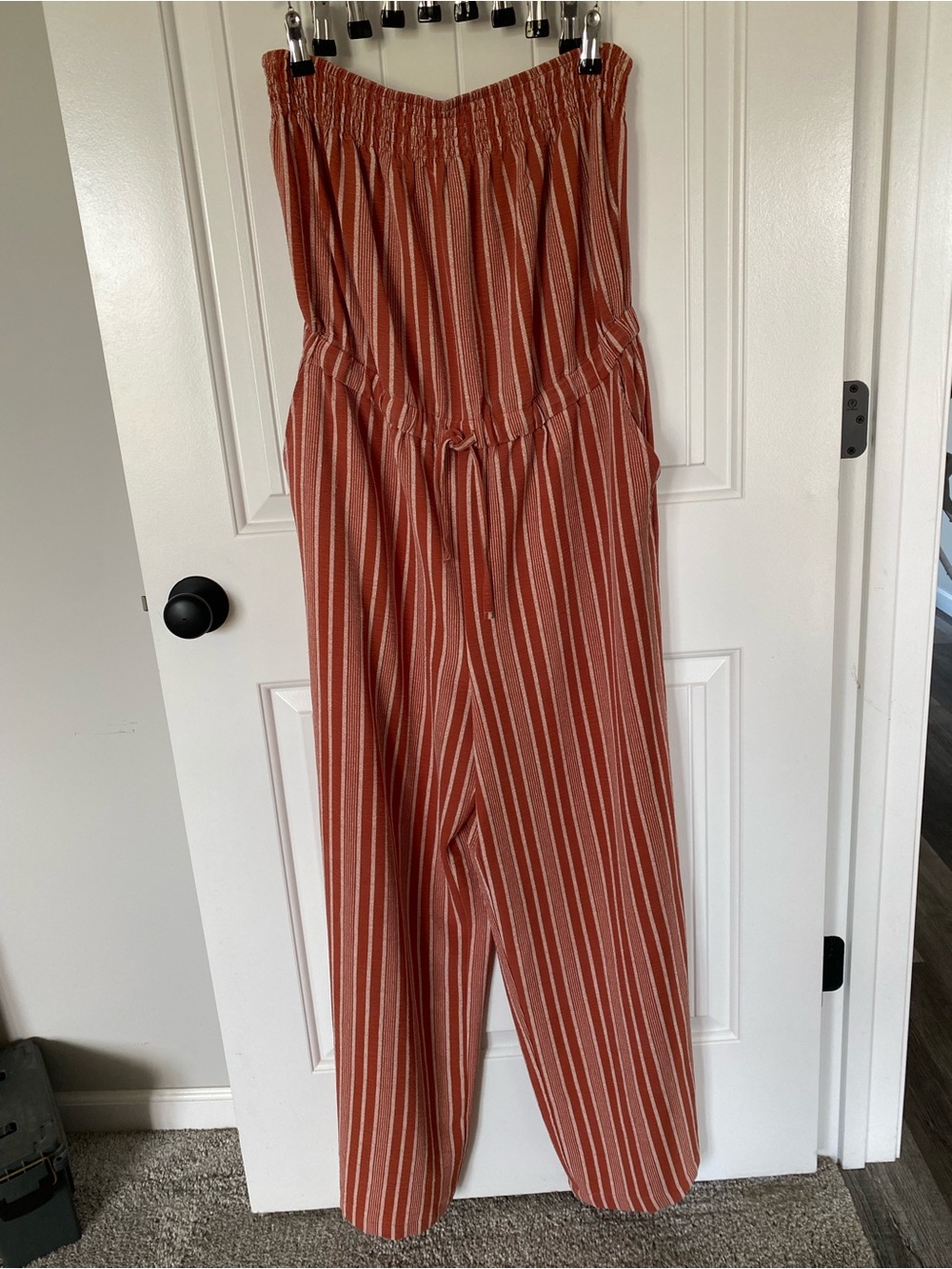No Boundaries Rust Striped Strapless Jumpsuit